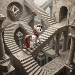 Size: 2048x2048 | Tagged: safe, ai generated, generator:nanobanana, prompter:iwtcipp, oc, oc:pipette, unofficial characters only, earth pony, pony, butt, earth pony oc, female, image, mare, photorealistic, pillar, plot, png, realistic, rear view, solo, stairs, watermark