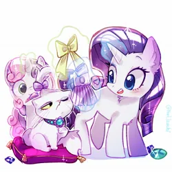 Size: 2048x2048 | Tagged: safe, artist:izuchi, derpibooru import, opalescence, rarity, sweetie belle, cat, pony, unicorn, g4, belle sisters, bow, cute, diasweetes, female, filly, foal, hair bow, hairpin, horn, image, jewelry, jewels, jpeg, magic, mare, mouth hold, raribetes, siblings, simple background, sisters, sitting, sweetie belle's magic brings a great big smile, telekinesis, white background
