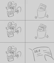 Size: 2031x2342 | Tagged: suggestive, artist:velgarn, derpibooru import, trixie, pony, unicorn, g4, book, dictionary, female, glasses, grayscale, horn, image, implied sex, mare, monochrome, png, reading, solo, the simpsons, trash can