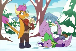 Size: 3544x2362 | Tagged: safe, artist:inuhoshi-to-darkpen, derpibooru import, smolder, spike, dragon, g4, ><, ambush, clothes, duo, eyes closed, faceplant, female, image, jacket, male, mittens, offscreen character, outdoors, png, scarf, snow, snowball, snowball fight, surprised, tongue out, tree