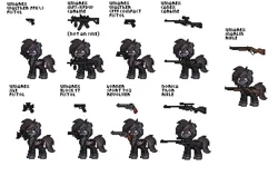 Size: 3450x2180 | Tagged: safe, artist:femrade, derpibooru import, oc, oc:blurry lullaby, unofficial characters only, bat pony, pony, pony town, air gun, bat pony oc, bb gun, carbine, digital art, font, gun, handgun, image, laser sight, mp5, optical sight, pistol, pixel art, png, red dot sight, revolver, rifle, simple background, solo, submachine gun, weapon