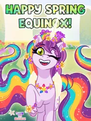 Size: 1500x2000 | Tagged: safe, artist:shad0w-galaxy, derpibooru import, alicorn, pony, g5, my little pony: tell your tale, alicorn nova starscout, alternate hairstyle, chromatic aberration, ethereal mane, ethereal tail, female, floral head wreath, flower, flower in hair, folded wings, image, long mane, long tail, looking at you, mare, nova starscout, one eye closed, open mouth, path to skyros, png, raised hoof, smiling, solo, spring, spring equinox, tail, unshorn fetlocks, wings, wink