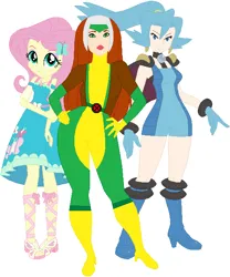 Size: 535x644 | Tagged: safe, artist:selenaede, artist:sturk-fontaine, derpibooru import, fluttershy, equestria girls, g4, base used, clair, crossover, fantasy class, female, image, marvel, png, pokémon, rogue, simple background, superhero, trio, trio female, white background, x-men