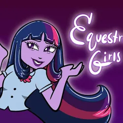 Size: 682x682 | Tagged: safe, artist:themaryloo, derpibooru import, manebooru import, twilight sparkle, human, equestria girls, g4, clothes, female, gradient background, image, long hair, pink hair, png, purple eyes, shirt, shrug, smiling, solo, text