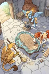 Size: 1664x2506 | Tagged: safe, ai content, derpibooru import, editor:vedont, generator:nanobanana, prompter:vedont, oc, oc:beaky, oc:brave blossom, oc:sivka, unofficial characters only, earth pony, gryphon, pegasus, fanfic:yellow feathers, ai composition, anvil, bipedal, blue eyes, broom, coat marking, derpibooru exclusive, female, griffon oc, hammer, high res, holding, image, male, open mouth, orange coat, orange mane, paintbrush, paws, pegasus oc, png, saw, short mane, smiling, socks (coat marking), spread wings, table, trio, varnish, wings