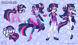 Size: 4581x2700 | Tagged: safe, artist:jack-pie, derpibooru import, sci-twi, twilight sparkle, human, pony, unicorn, equestria girls, g4, alternate clothes, alternate universe, boots, clothes, dress, equestria girls logo, equestria girls ponified, female, g4 logo, glasses, hair bun, hand on hip, high res, horn, image, jacket, legwear, looking at you, mare, my little pony logo, patterned background, pencil in hair, png, ponied up, shirt, shoes, shorts, socks, solo, stars, striped shirt, super ponied up, thigh highs, unicorn sci-twi