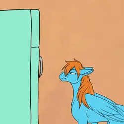 Size: 3300x3300 | Tagged: safe, artist:foxenawolf, derpibooru import, oc, oc:james carter, pegasus, angry, blue body, blue coat, blue fur, colored, door handle, flat colors, folded wings, green eyes, image, indoors, looking at something, nostrils, orange mane, pegasus oc, pegasus wings, png, refrigerator, scowl, side view, simple background, standing, wings