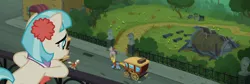 Size: 2848x956 | Tagged: safe, composite screencap, derpibooru import, edit, edited screencap, screencap, caboose, coco pommel, winning goal, earth pony, pony, g4, made in manehattan, season 5, bipedal, bipedal leaning, carriage, collar, female, flower, flower in hair, goldenrod, image, leaning, male, mare, my little pony, outdoors, park, png, stallion