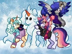 Size: 2048x1535 | Tagged: safe, artist:anxietymonstrr, derpibooru import, oc, oc:astral night, oc:dawnstone, oc:skystrike nebula, pegasus, pony, unicorn, clothes, ear piercing, flying, hat, horn, image, jacket, jewelry, jpeg, necklace, piercing, snow, snowman, snowpony, sweater, top hat