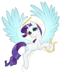 Size: 1728x2048 | Tagged: safe, artist:anniebelta, derpibooru import, rarity, angel pony, original species, pony, unicorn, g4, angel, blue eyes, eyeshadow, female, halo, harp, horn, image, jpeg, looking at you, makeup, mare, musical instrument, purple mane, simple background, smiling, smiling at you, solo, white background, white coat, wings
