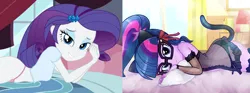 Size: 4096x1517 | Tagged: suggestive, artist:ampersandxyz, artist:charliexe, artist:thomasxzafran, editor:thomasxzafran, rarity, sci-twi, twilight sparkle, equestria girls, butt, cat lingerie, cat lingerie twilight, clothes, cute, female, hug, image, lesbian, lingerie, lying down, male, pillow, pillow hug, pink underwear, png, raribetes, rarihips, rarilight, raripanty, rarithighs, sci-rarilight, sex, sexy, shipping, straight, stupid sexy rarity, stupid sexy sci-twi, underwear, underwear aside