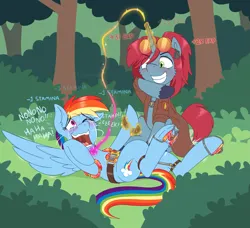 Size: 1613x1468 | Tagged: suggestive, artist:caroo, derpibooru import, rainbow dash, oc, oc:mindy breaker, pegasus, pony, unicorn, g4, bondage, captive, horn, image, magic, png, rpg, tickling, tickling machine