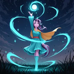 Size: 4704x4704 | Tagged: safe, ai content, ai generated, derpibooru import, generator:yiffymix v64, prompter:thedaren666, stable diffusion, starlight glimmer, anthro, unguligrade anthro, unicorn, g4, ai composition, breasts, cape, casting a spell, clothes, cloud, cloudy, crossed legs, dress, ear fluff, eyebrows, female, fishnet clothing, flowing hair, flowing mane, flowing tail, fluffy, full moon, gem, glow, glowing horn, grass, horn, image, jewelry, jpeg, kneesocks, legwear, long sleeves, long socks, looking up, magic, moon, night, open mouth, outdoors, raised hand, sash, signature, sky, socks, solo, standing, tail, teeth, wind, wind magic