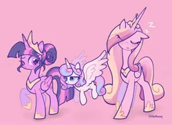 Size: 2048x1494 | Tagged: safe, artist:lilytheflowerl, derpibooru import, princess cadance, princess flurry heart, twilight sparkle, alicorn, pony, g4, aunt and niece, auntie twilight, crown, eye clipping through hair, eyes closed, female, flying, folded wings, heart, heart eyes, hoof shoes, image, jewelry, jpeg, mother and child, mother and daughter, one eye closed, onomatopoeia, peytral, princess shoes, raised hoof, regalia, sisters-in-law, sleeping, smiling, sound effects, spread wings, trio, trio female, wingding eyes, wings, zzz