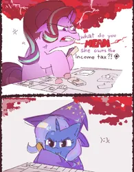 Size: 844x1080 | Tagged: safe, artist:angelnet_ide, derpibooru import, starlight glimmer, trixie, pony, unicorn, g4, blue coat, clothes, cute, dialogue, diatrixes, duo, female, hat, horn, image, jpeg, mare, monopoly, pink coat, pink eyes, purple mane, tabletop game, text, trixie's hat, white mane