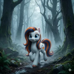 Size: 2048x2048 | Tagged: safe, ai generated, generator:nanobanana 2, prompter:iwtcipp, oc, oc:pipette, earth pony, pony, duo, duo male and female, earth pony oc, female, fog, forest, image, leaf, male, mare, moss, outdoors, photorealistic, plant, png, realistic, rock, slender man, standing, stick, tree, walking, watermark