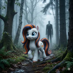 Size: 2048x2048 | Tagged: safe, ai generated, generator:nanobanana 2, prompter:iwtcipp, oc, oc:pipette, earth pony, pony, duo, duo male and female, earth pony oc, female, fog, forest, image, leaf, male, mare, moss, outdoors, photorealistic, plant, png, realistic, slender man, standing, stick, tree, walking, watermark