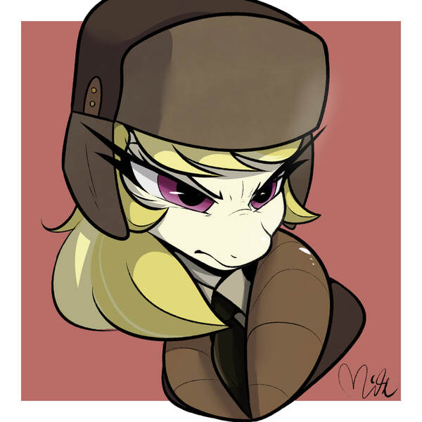 Size: 1200x1200 | Tagged: safe, artist:bonedigger, derpibooru import, march gustysnows, earth pony, pony, g4, bust, frown, hat, image, jpeg, passepartout, solo, ushanka