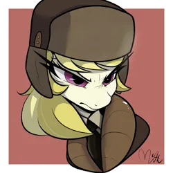 Size: 1200x1200 | Tagged: safe, artist:bonedigger, derpibooru import, march gustysnows, earth pony, pony, g4, bust, frown, hat, image, jpeg, passepartout, solo, ushanka