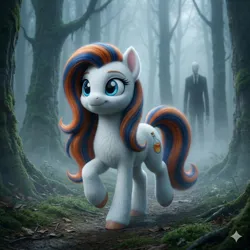 Size: 2048x2048 | Tagged: safe, ai generated, generator:nanobanana 2, prompter:iwtcipp, oc, oc:pipette, earth pony, pony, duo, duo male and female, earth pony oc, female, fog, forest, image, leaf, male, mare, moss, outdoors, photorealistic, plant, png, realistic, slender man, standing, stick, tree, walking, watermark