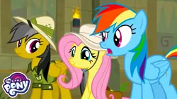 Size: 1280x720 | Tagged: safe, derpibooru import, daring do, fluttershy, rainbow dash, pegasus, pony, daring doubt, g4, eyebrows, female, image, jpeg, my little pony, my little pony logo, raised eyebrow, smiling, trio, trio female, youtube link, youtube thumbnail