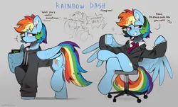 Size: 2048x1237 | Tagged: safe, artist:lerk, derpibooru import, part of a set, rainbow dash, pegasus, pony, g4, businessmare, chair, clothes, gradient background, image, office chair, png, solo, wing hold, wings