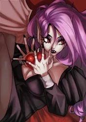 Size: 1754x2480 | Tagged: safe, artist:takifug4, derpibooru import, fluttershy, bat pony, human, undead, vampire, g4, apple, bat ponified, black lipstick, breasts, busty fluttershy, cleavage, clothes, dress, elf ears, eyeshadow, fangs, female, flutterbat, food, humanized, image, jpeg, lipstick, long nails, makeup, race swap, solo, spread wings, winged humanization, wings