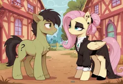 Size: 1824x1248 | Tagged: safe, ai generated, generator:nova furry xl, prompter:mirta, fluttershy, oc, oc:anonstallion, earth pony, pegasus, alternate hairstyle, black eyeshadow, blushing, chest fluff, clothes, dress, duo, ear piercing, eyeliner, fence, fluttergoth, house, image, jewelry, lidded eyes, looking at each other, makeup, necklace, piercing, png, side view, sweat, sweatdrops, tree, unimpressed, unshorn fetlocks