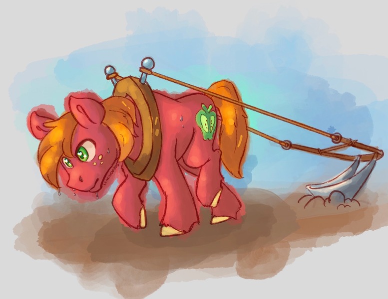 Size: 2048x1582 | Tagged: safe, artist:leadhooves, derpibooru import, big mcintosh, earth pony, pony, g4, image, jpeg, male, plow, plowing, pulling, solo, stallion, standing on two hooves, sweat, traditional art emulation