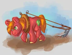 Size: 2048x1582 | Tagged: safe, artist:leadhooves, derpibooru import, big mcintosh, earth pony, pony, g4, image, jpeg, male, plow, plowing, pulling, solo, stallion, standing on two hooves, sweat, traditional art emulation