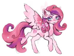 Size: 2048x1552 | Tagged: safe, artist:madisockz, derpibooru import, diamond rose, pegasus, pony, g4, bow, colored wings, cute, female, hair bow, image, jpeg, mare, multicolored mane, multicolored wings, simple background, solo, toy interpretation, white background, wings
