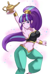 Size: 2700x4000 | Tagged: safe, artist:tzc, derpibooru import, starlight glimmer, genie, human, equestria girls, g4, 2021, alternate hairstyle, armpits, arms in the air, belly, belly button, blushing, breasts, busty starlight glimmer, clothes, commission, cosplay, costume, cute, geniefied, glimmerbetes, high res, image, looking at you, magic lamp, midriff, old art, one eye closed, png, shantae, shantae (character), smiling, solo, wink