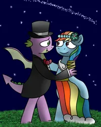 Size: 900x1130 | Tagged: safe, artist:rainbowemeraldglowup, derpibooru import, rainbow dash, spike, dragon, g4, bridesmaid, bridesmaid dash, bridesmaid dress, clothes, dress, female, hat, image, male, night, night sky, png, ring bearer, ship:rainbowspike, shipping, sky, stars, straight, top hat, tuxedo, waltz, winged spike, wings