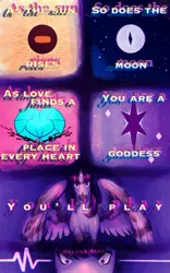 Size: 800x1280 | Tagged: safe, artist:quietuniverseart, derpibooru import, part of a set, twilight sparkle, twilight sparkle (alicorn), alicorn, pony, series:shadow disease, g4, alternate cutie mark, alternate design, alternate universe, blood, cadance's cutie mark, comic, cutie mark, image, implied princess cadance, implied princess celestia, implied princess luna, infection au, jpeg, part of a series, purple coat, purple mane, spread wings, stars, this will end in pain, this will end in tears, this will not end well, twilight sparkle's cutie mark, wings, you'll play your part