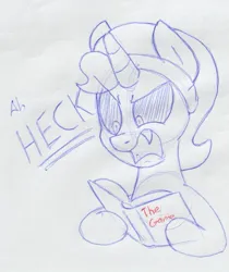 Size: 645x767 | Tagged: safe, artist:unitxxvii, derpibooru import, oc, oc:nyx, unofficial characters only, alicorn, earth pony, pony, book, female, filly, foal, furrowed brow, g-rated swearing, hoof hold, image, jpeg, monochrome, open mouth, partially open wings, pen drawing, solo, traditional art, wings
