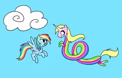 Size: 1000x644 | Tagged: safe, artist:flutterberrypie, derpibooru import, rainbow dash, pegasus, pony, g4, adventure time, cloud, crossover, duo, duo female, female, flying, horn, image, jpeg, lady rainicorn, mare, multicolored hair, rainbow hair, rainicorn, sky
