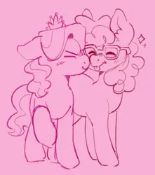 Size: 736x831 | Tagged: safe, artist:steiiaoctangula, derpibooru import, diamond tiara, twist, earth pony, pony, g4, cute, duo, duo female, eyes closed, female, filly, foal, glasses, image, jewelry, jpeg, lesbian, monochrome, pink background, ship:diamondtwist, shipping, simple background, sketch, tiara