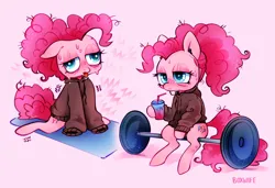 Size: 4396x3000 | Tagged: safe, artist:boxwife, derpibooru import, pinkie pie, earth pony, pony, g4, barbell, clothes, drink, earbuds, female, hoodie, image, mare, pink background, png, simple background, solo, sweat, tongue out, weights, yoga mat