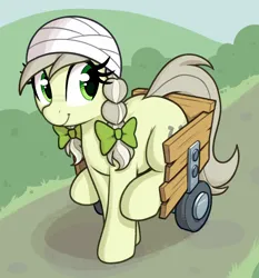 Size: 2800x3000 | Tagged: safe, artist:backgroundmares, derpibooru import, jinx, earth pony, pony, g4, bandage, bandaged head, bow, braid, bush, catchlights, closed mouth, disabled, eyes open, female, hair bow, image, looking sideways, mare, outdoors, pigtails, png, smiling, solo, twin bows, twin braids, twintails, wheelchair