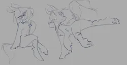 Size: 2000x1023 | Tagged: safe, artist:blue ink, ponerpics import, oc, unofficial characters only, earth pony, pony, bucking, butt, chest fluff, closed mouth, crossed legs, duo, earth pony oc, eyebrows visible through hair, eyes open, female, floppy ears, gray background, heart, hoof heart, image, jpeg, mare, monochrome, open mouth, plot, raised hoof, raised tail, rear view, simple background, sitting, sketch, standing, standing on one leg, tail, turned head, underhoof