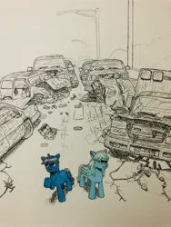 Size: 3024x4032 | Tagged: semi-grimdark, derpibooru import, oc, unofficial characters only, pegasus, pony, unicorn, g4, ambulance, bygone civilization, car, car crash, confused, duo, horn, image, ink drawing, jpeg, partial color, pegasus oc, pen drawing, pencil drawing, post-apocalyptic, road, ruins, scared, sketch, streetlight, traditional art, unicorn oc, vehicle