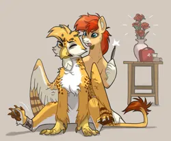 Size: 2337x1923 | Tagged: safe, artist:lynxpainter, derpibooru import, oc, oc:beaky, oc:sivka, unofficial characters only, earth pony, gryphon, pony, fanfic:yellow feathers, bandage, beak, coat marking, couple, derpibooru exclusive, duo, flower, griffon oc, image, interspecies, medkit, one eye closed, paw pads, paws, png, rose, shipping, sitting, socks (coat marking), sweat, sweatdrop, thorn, tongue out, tweezers