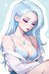 Size: 1024x1536 | Tagged: suggestive, ai generated, prompter:princesshumility, trixie, human, g4, bra, breasts, closed eye, clothes, female, humanized, image, jewelry, lace, lace underwear, lacy bra, makeup, necklace, png, solo, solo female, underwear