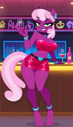 Size: 1152x2016 | Tagged: safe, ai generated, prompter:eidolon, cheerilee, rarity, anthro, earth pony, unguligrade anthro, g4, alcohol, anklet, bar, bedroom eyes, big breasts, breasts, clothes, female, grin, heart, image, lidded eyes, looking at you, martini, martini glass, midriff, miniskirt, png, skirt, smiling, solo, tube top