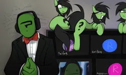 Size: 4872x2894 | Tagged: safe, artist:madragon, derpibooru import, oc, oc:anon, oc:anonfilly, unofficial characters only, earth pony, pony, bowtie, derpibooru exclusive, female, filly, foal, grin, headphones, image, marecon, png, question mark, slur, smiling, television