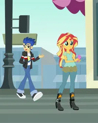 Size: 2880x3600 | Tagged: safe, artist:gmaplay, artist:mohawgo, artist:starboi64, derpibooru import, edit, vector edit, flash sentry, sunset shimmer, human, equestria girls, g4, boots, city, clothes, denim, female, flashimmer, high heel boots, high heels, image, jacket, jeans, jpeg, leggings, legwear, male, outdoors, pants, see-through, see-through skirt, shipping, shirt, shoes, sidewalk, skirt, soap, straight, sunset shimmer's grey boots, vector