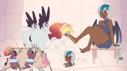 Size: 3840x2160 | Tagged: suggestive, alternate version, artist:cryweas, derpibooru import, oc, oc:aonair faol, oc:elizabat stormfeather, unofficial characters only, human, werewolf, ass, ballgag, barefoot, bdsm, bite mark, blindfold, blushing, bondage, boob window, bottle, breasts, brush, butt, chair, clipboard, clothes, commission, crying, dark skin, dominant, drool, duo, duo female, erotic tickling, feather, feet, feet on face, female, females only, femdom, femsub, fetish, foot fetish, foot focus, gag, glasses, hairbrush, headphones, human coloration, humanized, humanized oc, image, laughing, leotard, lotion, markings, multicolored hair, multiple variants, muzzle, nail polish, oil, open mouth, padded cell, paintbrush, panties, png, seat, sensory deprivation, smug, stocks, straitjacket, submissive, sweat, tail, tailed humanization, tears of laughter, thong, tickle fetish, tickle roller, tickle torture, tickling, tickling machine, toe tied, toenail polish, toes, underwear, wall of tags, winged humanization, wings