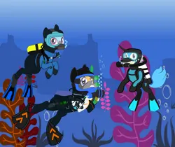 Size: 3137x2634 | Tagged: safe, artist:evilfrenzy, artist:sonicstreak5344, derpibooru import, rainbow dash, oc, oc:arlena, big cat, keldeo, original species, tiger, g4, air tank, bubble, dive mask, diving suit, drysuit, flippers (gear), full face mask, goggles, image, mythical pokémon, png, pokémon, rebreather, scuba diving, scuba gear, tiger pony, underwater, water, wetsuit