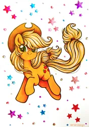 Size: 2747x3895 | Tagged: safe, artist:dariarchangel, derpibooru import, applejack, earth pony, pony, g4, adorable face, applejack's hat, blonde, blonde hair, blonde mane, blonde tail, c:, cowboy hat, cute, cute smile, female, freckles, full body, green eyes, hair tie, hat, image, jackabetes, low ponytail, mane tie, mare, orange coat, png, rhinestones, smiling, solo, stars, stetson, tail, tail tie, tied hair, tied mane, tied tail, traditional art, weapons-grade cute, wind, windswept hair, windswept mane, windswept tail