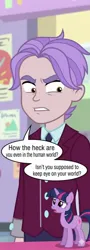 Size: 574x1600 | Tagged: safe, ai generated, generator:gemini, skyline shores, twilight sparkle, human, pony, equestria girls, angry, background human, clothes, crystal prep academy uniform, dialogue, female, image, jpeg, low effort, male, school uniform, wat, weird, worried